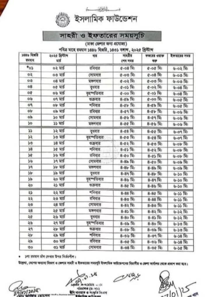 Ramadan Calendar 2025 Bangladesh